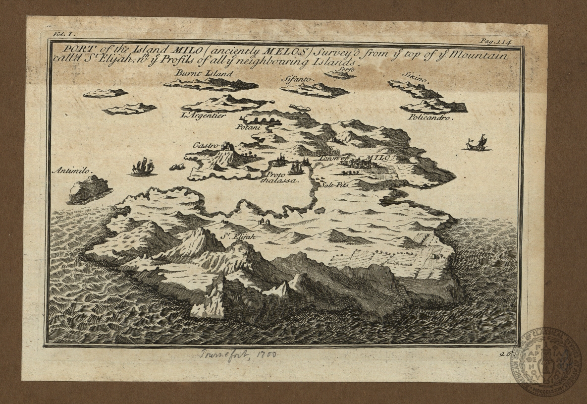 Port of the Island Milo (anciently Melos)… with the profiles of all ye neighbouring islands.